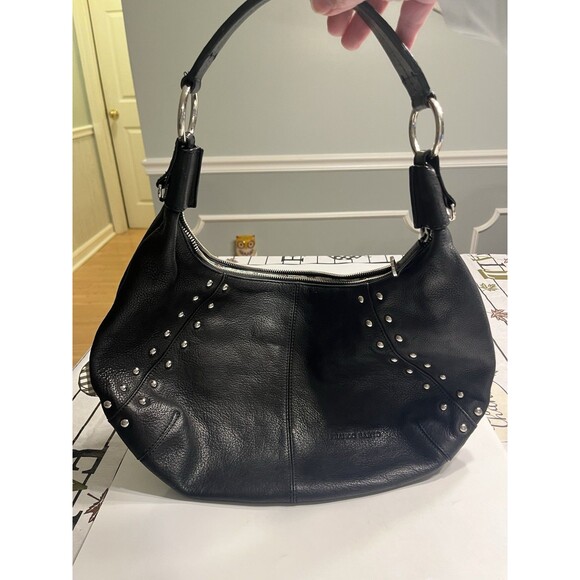 Black Leather Silver Studded Hobo Bag Purse By Franco Sarto - Picture 1 of 16